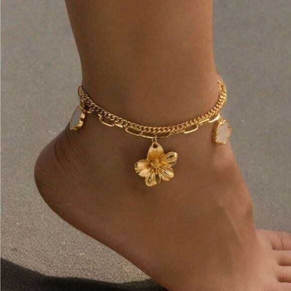 Gold Floral Charm anklet N986 - Picture 1 of 3